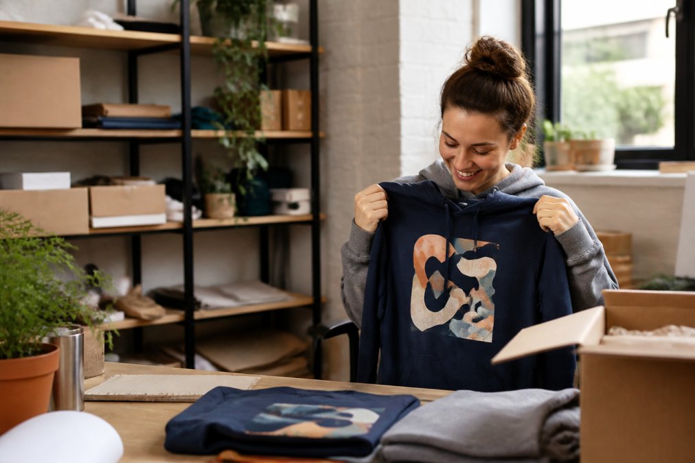Person holding a freshly received custom hoodie, smiling while checking the fit and print quality in natural indoor lighting