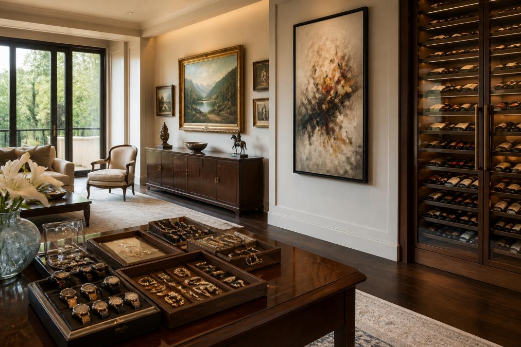Elegant home interior displaying fine art on walls, vintage jewelry displayed on a mahogany table, wine collection in climate-controlled cabinet, and luxury furnishings throughout the room with soft natural lighting from floor-to-ceiling windows