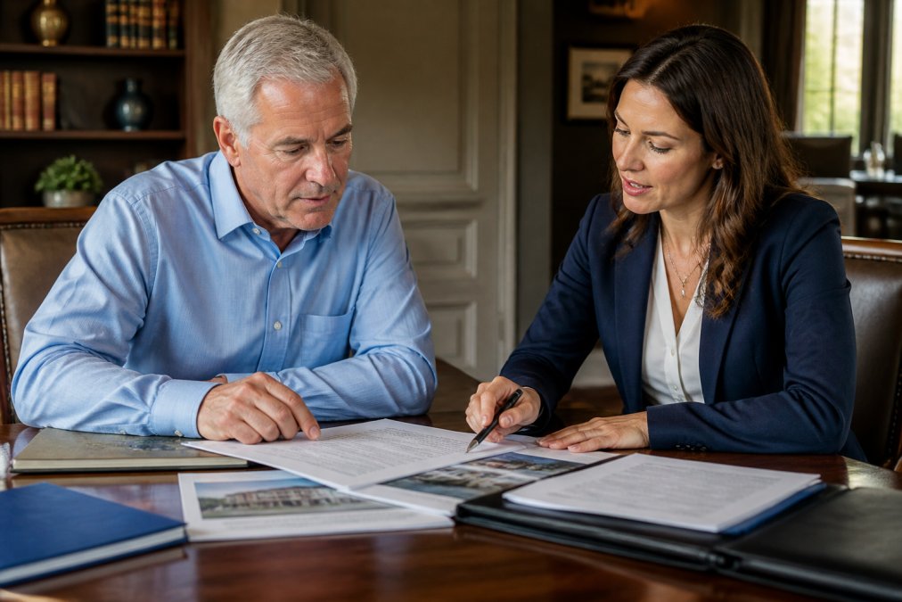 High net worth client and insurance agent sitting at wooden desk reviewing detailed asset inventory documents, property appraisals, and coverage options with laptop displaying policy details, natural office lighting