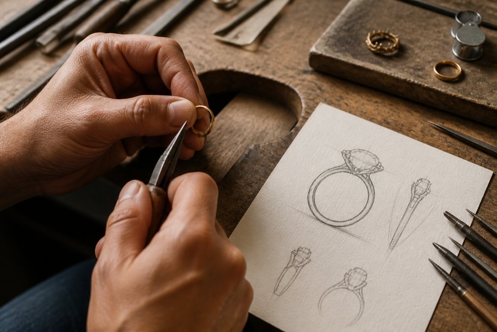 Close-up of a jeweler's hands at a studio bench, holding fine 18k gold wire and precision tools beside a detailed pencil sketch of a ring design on textured paper, warm workshop lighting