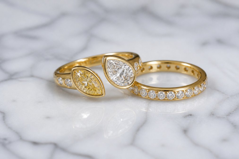 Close-up of a toi et moi engagement ring resting alongside a complementary wedding band on a white marble surface, showing antique diamond details and warm 18k yellow gold setting under soft natural light