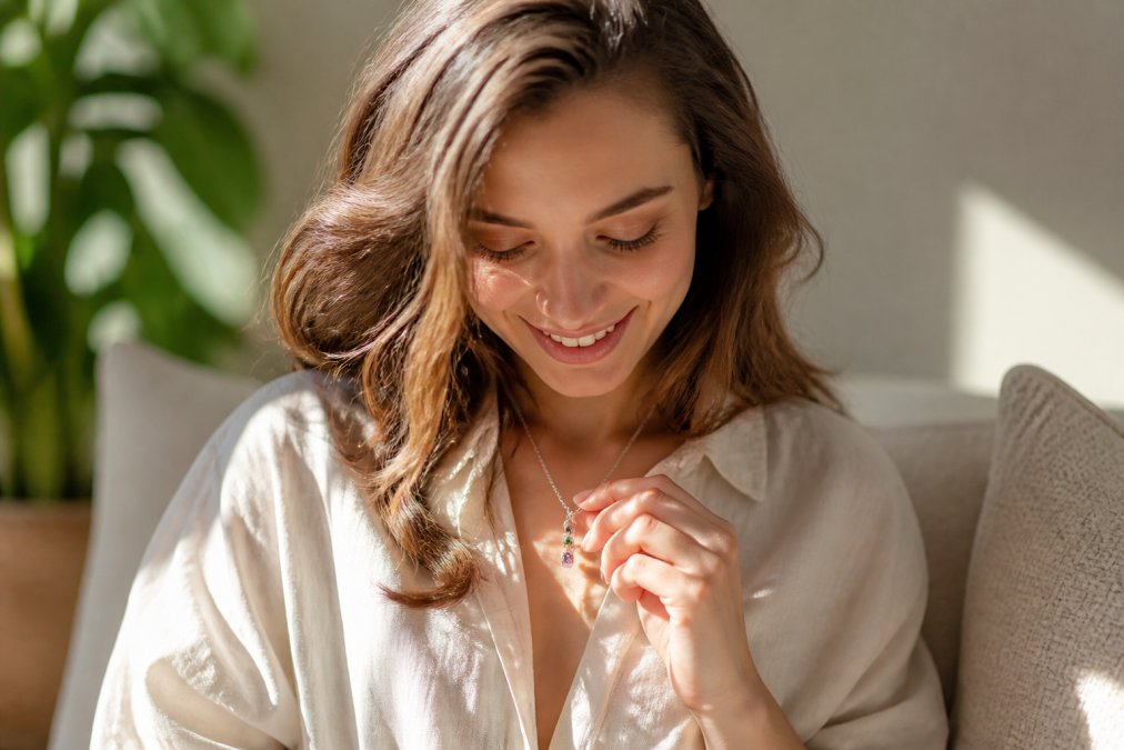 A woman holding a personalized birthstone necklace close to her chest, smiling warmly with genuine emotion as natural light catches the custom pendant