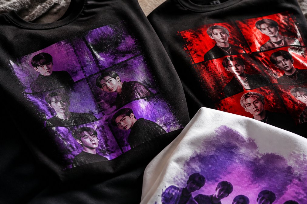 Close-up of custom-printed apparel samples showing vibrant purple and red graphics, detailed fabric texture, glossy print quality, and color depth on different fabric types laid flat