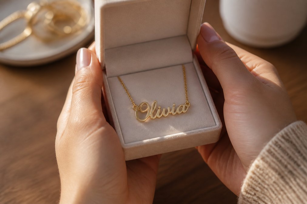 A close-up of hands holding a polished name necklace in its soft touch gift box, warm natural light catching the metal surface