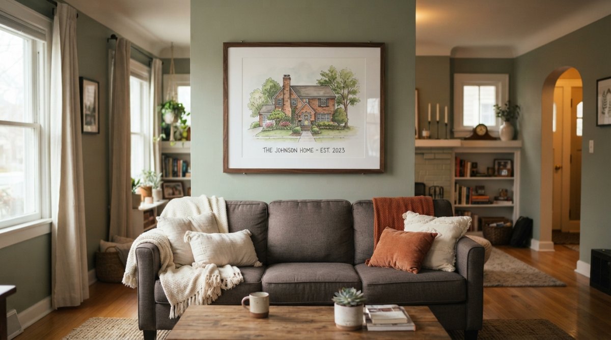 A beautifully framed custom house portrait in watercolor hanging above a living room sofa with warm natural lighting, showing a two-story home rendered in soft blues and greens