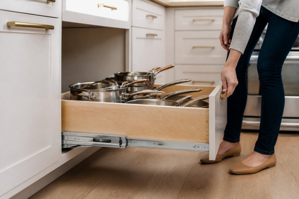 A homeowner pulling out a fully extended base cabinet drawer filled with neatly stacked pots and pans in a bright kitchen, showing the metal glide mechanism underneath