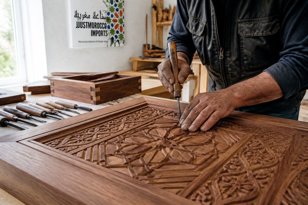 Close-up of artisan craftsperson's hands carefully hand-carving intricate geometric patterns and floral motifs into a solid walnut cabinet door, showing detailed chisel work and traditional joinery techniques in a bright workshop with natural lighting