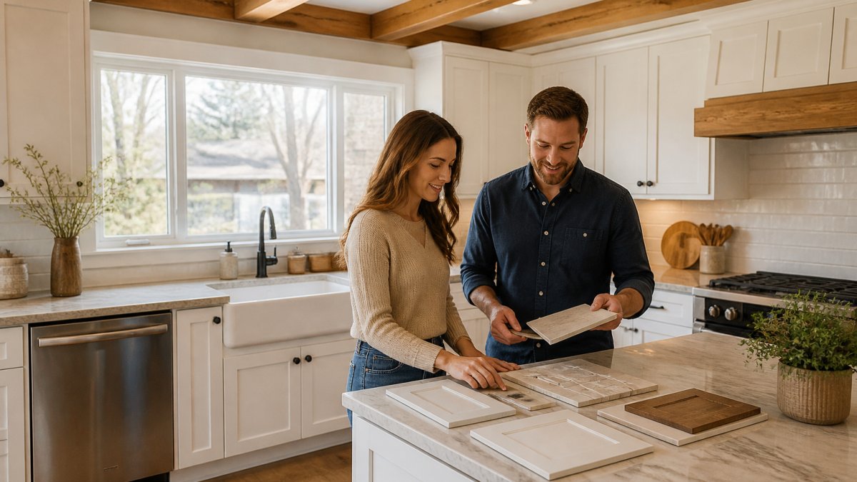 A bright, open ranch-style kitchen with exposed wood beams, white raised-panel cabinets, a farmhouse sink under a wide window, and a designer and homeowner reviewing material samples at the island in natural daylight