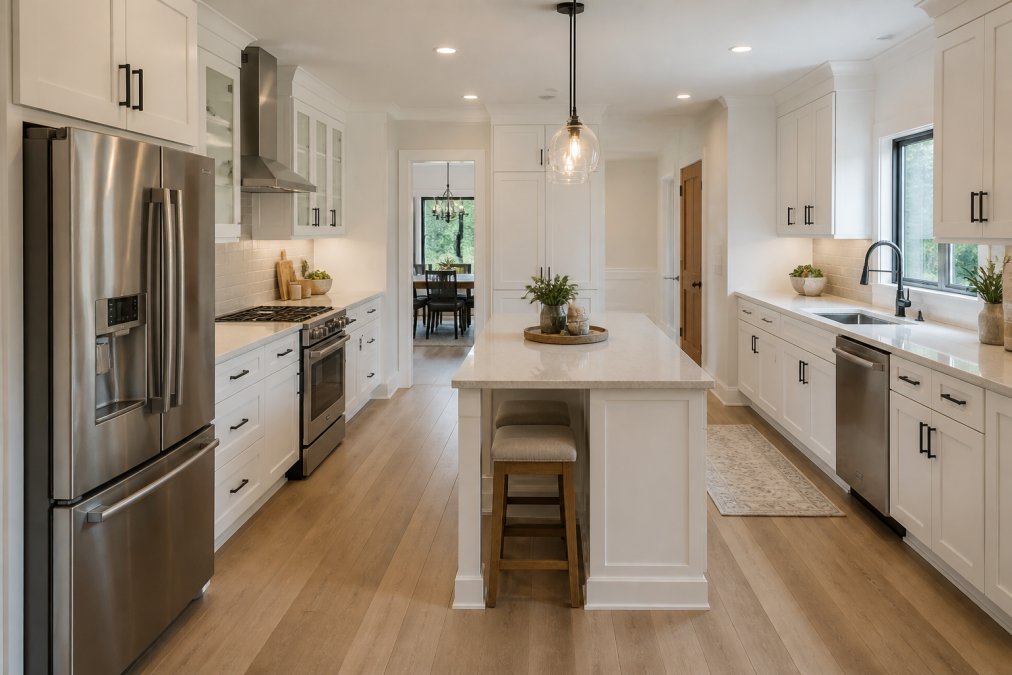 Modern kitchen featuring white cabinetry with stainless steel appliances, light wood flooring, and a clear division between prep zone near the counter, cooking zone at the range, and cleaning zone at the sink with adequate spacing between each area