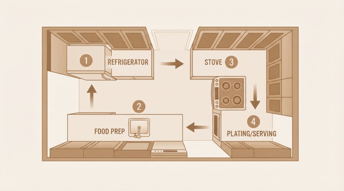 Overhead view of a compact galley kitchen showing efficient workflow between stove, sink, and refrigerator with minimal wasted counter space and organized upper cabinetry