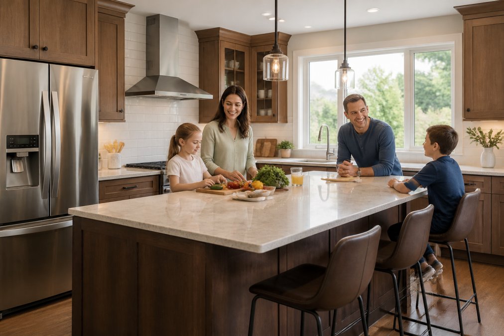 Newly completed custom kitchen with warm wood cabinetry, stainless steel appliances, and family members gathered around a large island countertop with natural lighting from windows