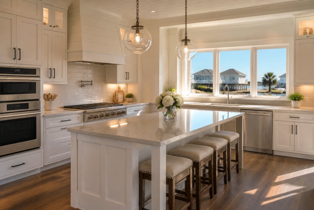 Bright kitchen remodeling project with white custom cabinets and a sunny island in a coastal home