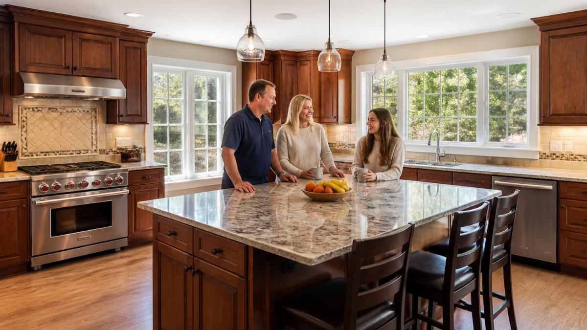 A completed custom kitchen with rich wood cabinetry, granite countertops, stainless steel appliances, and homeowners gathered around a large island with natural lighting from new windows