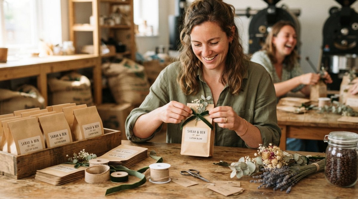 Infographic displaying recommended kraft bag sizes for wedding coffee favors and packaging guide