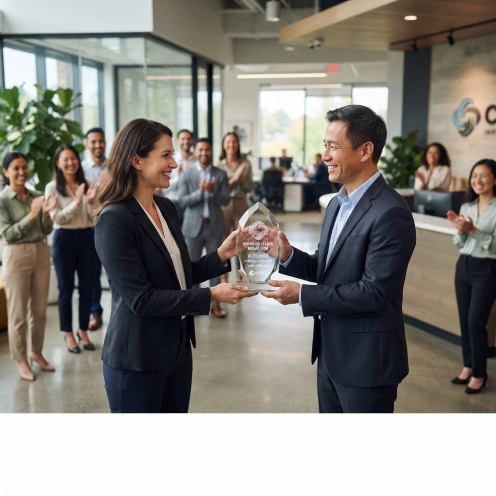 A professional HR manager handing a polished crystal award to a smiling employee in a bright modern office lobby, while colleagues watch and clap softly in the background