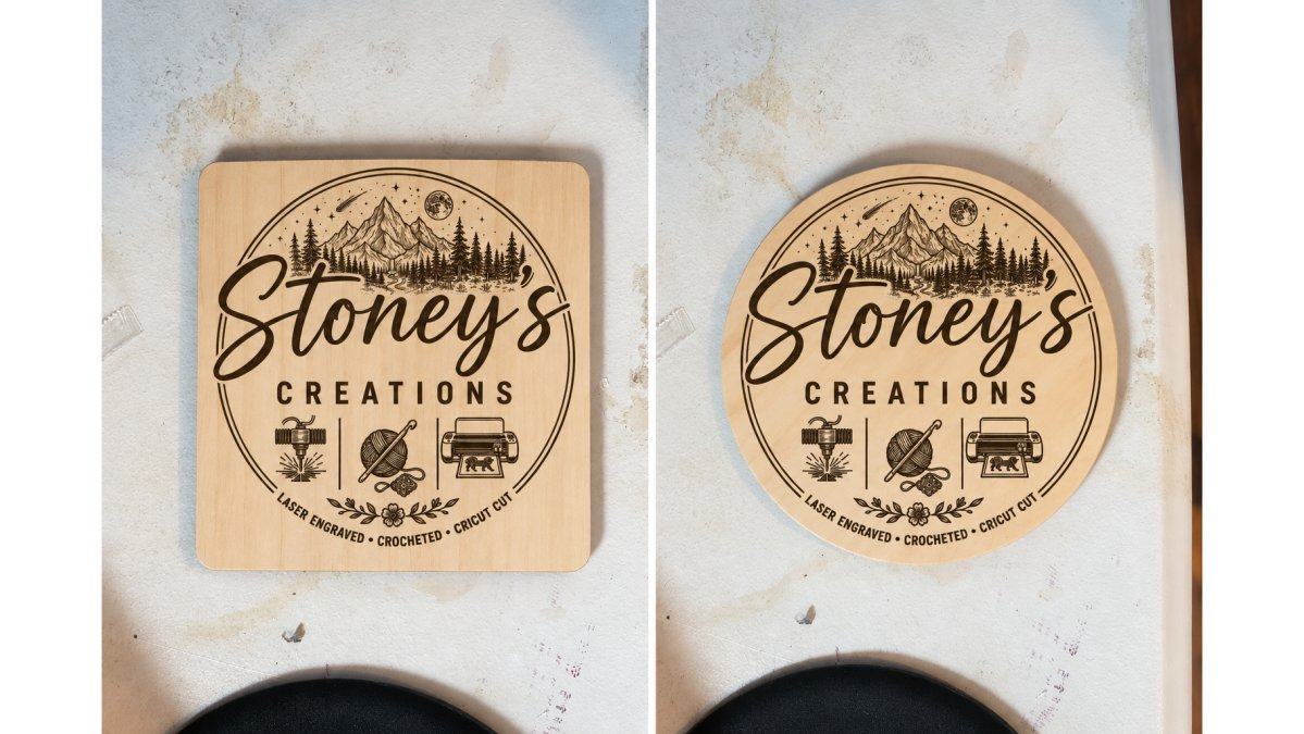 A rustic wooden coffee table styled with a set of custom laser-engraved wood coasters featuring a monogram, next to a cup of coffee and a small stack of books in a cozy cabin living room