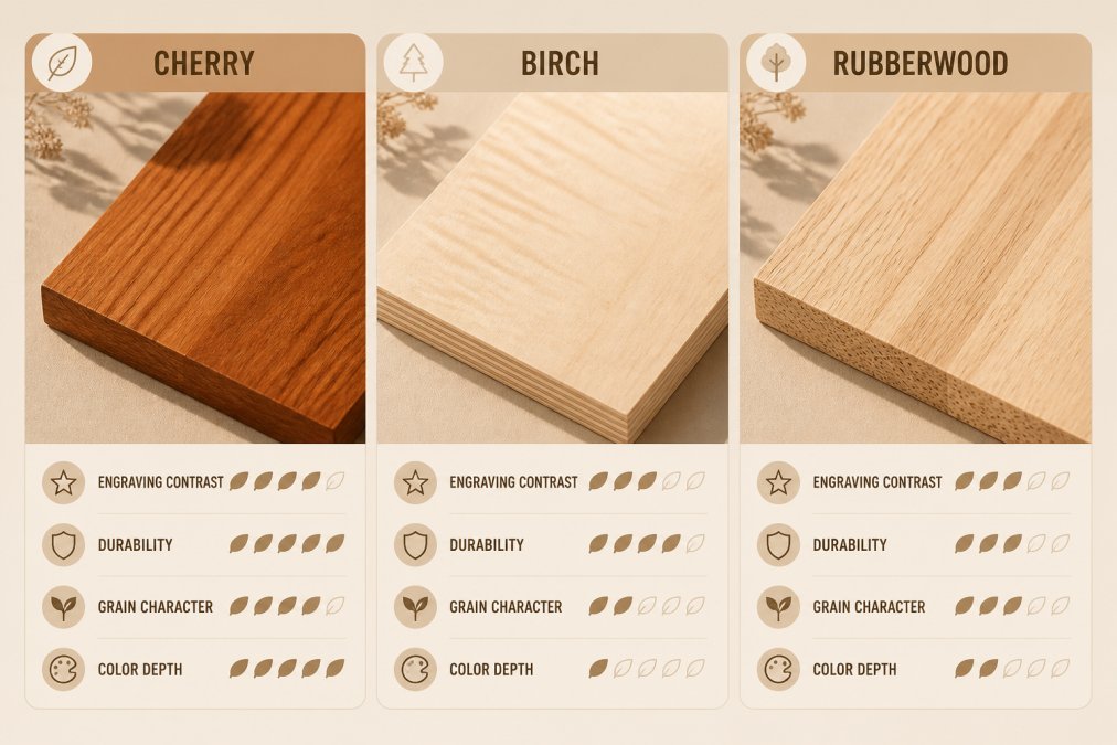 Close-up of three wood samples arranged side by side showing cherry wood with rich reddish-brown grain, birch wood with pale cream-colored surface and fine grain pattern, and rubberwood with lighter tan color and subtle grain variations, natural sunlight highlighting texture differences