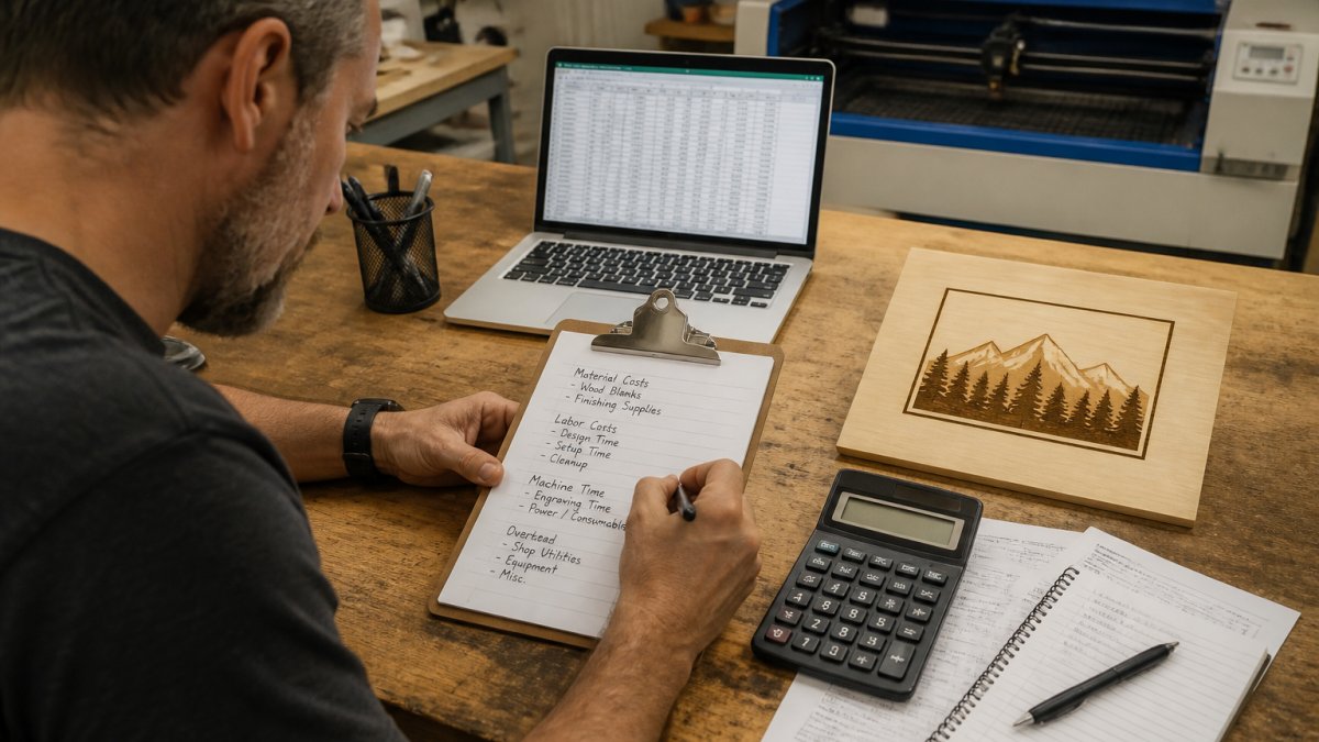 A small business owner at a workbench writing material and labor costs on a clipboard beside a laser-engraved wooden blank and a laptop showing a spreadsheet