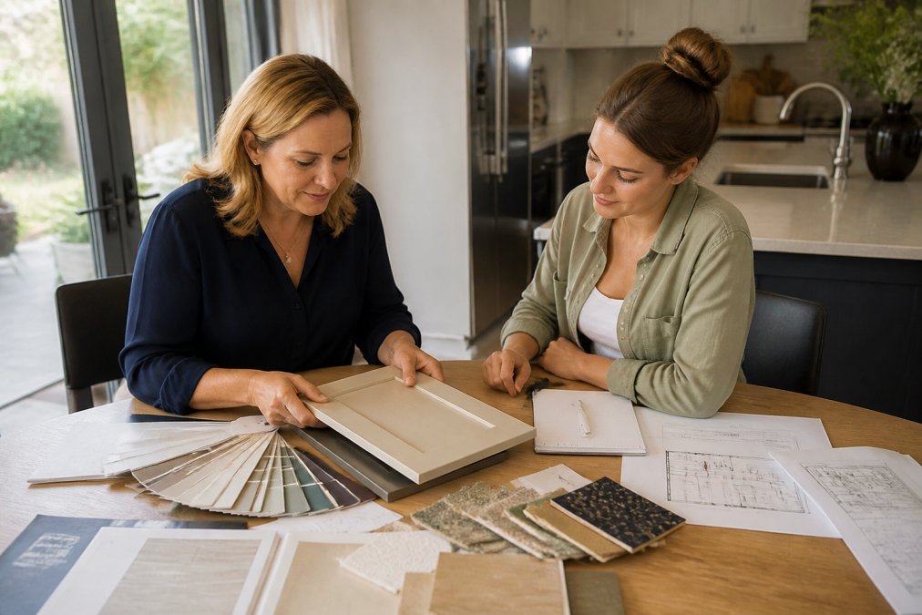 Professional designer and homeowner reviewing laundry cabinetry samples and custom design sketches together at a kitchen table with fabric swatches, measurement notes, and floor plans visible in natural daylight