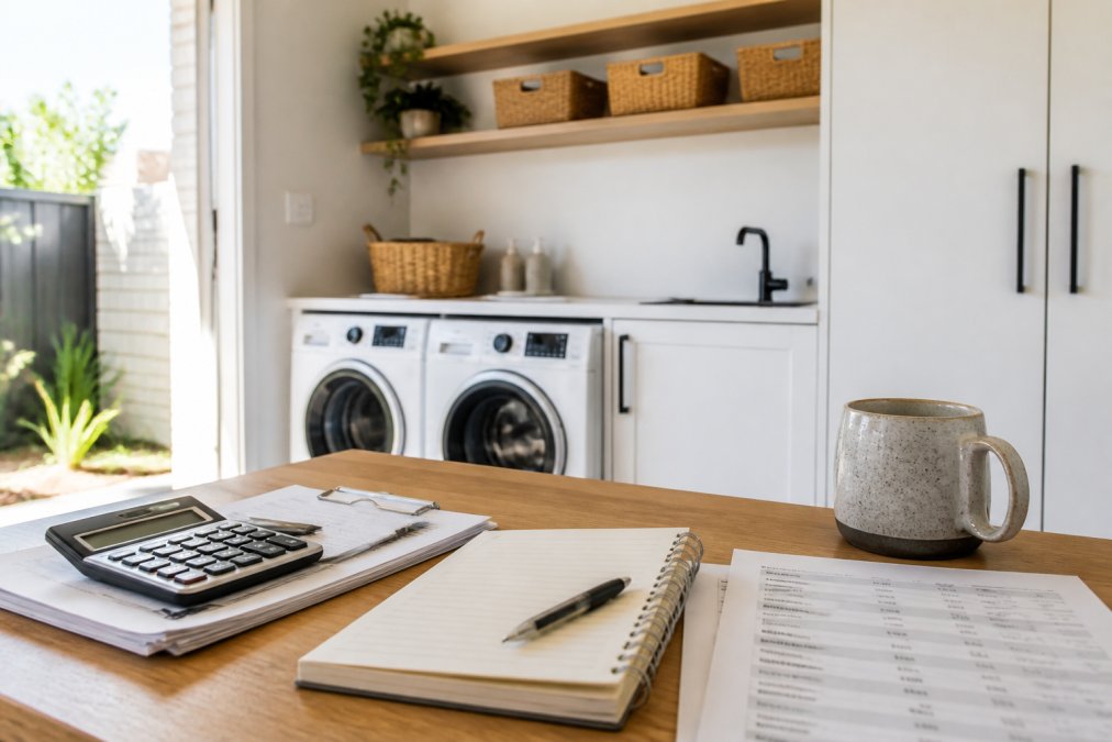 A newly installed custom laundry with white cabinetry, engineered stone benchtop, under-bench washer and dryer, and open shelving in a bright Australian home