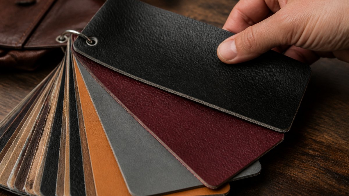 Close-up of a leather swatch book fanned open on a dark wooden table, showing black, oxblood, grey and tan samples under warm studio light, with a hand lifting one swatch to compare it