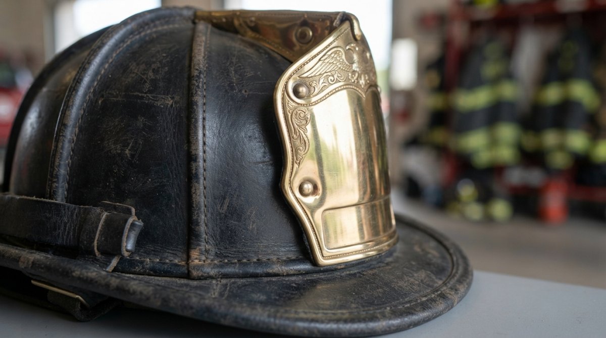 Close-up of a polished brass front holder mounted on American leather fire helmet, showing fine detail work and reflective markings in natural daylight
