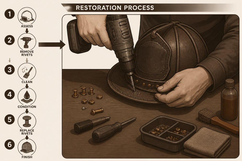 Professional firefighter's hands carefully removing old brass rivets from a leather helmet using a drill, showing the detailed restoration process with tools laid out on a workbench