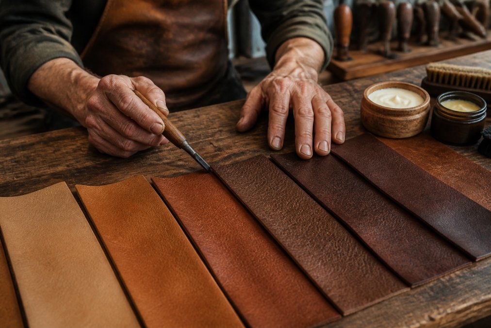 Close-up of vegetable-tanned leather samples in various shades from light tan to rich brown, displaying natural grain patterns and texture, with a craftsman's weathered hands holding leather working tools and conditioning products on a wooden workbench