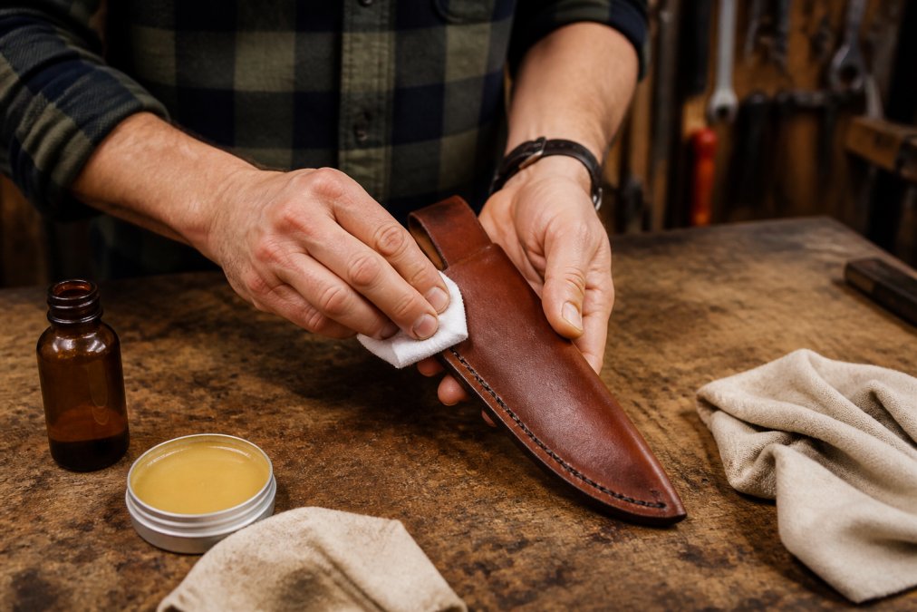 Hands applying leather conditioner with a soft cloth to a finished vegetable-tanned knife sheath on a wooden workbench, with conditioning products, neatsfoot oil, and additional cloths arranged nearby