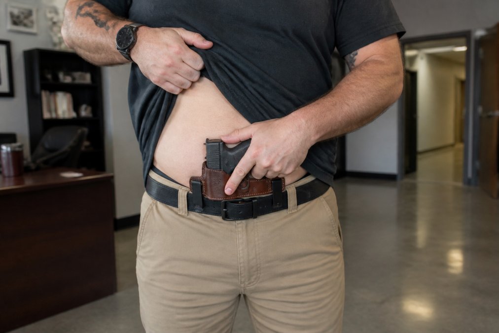 Left-handed shooter demonstrating appendix carry position with custom leather holster, showing hand placement and draw angle from front waistline with natural office lighting
