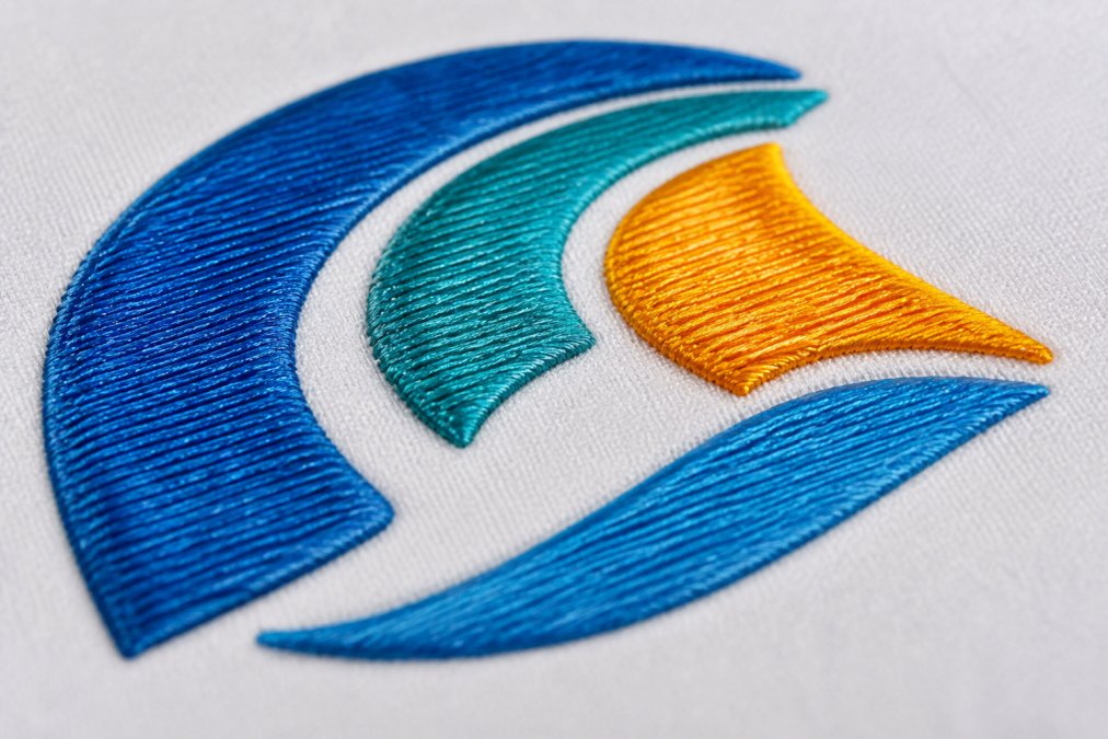 Close-up of embroidered logo showing detailed thread stitching, stitch direction changes, and color transitions on polyester fabric with professional quality finish