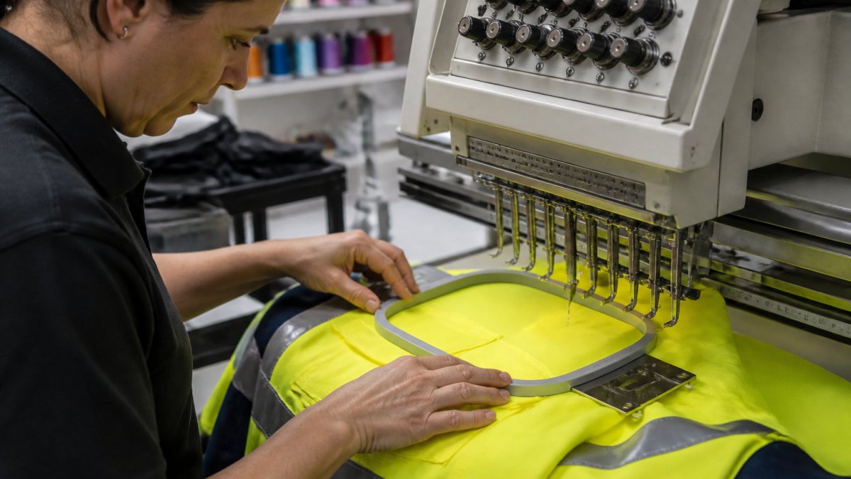 Professional embroiderer positioning custom logo on work uniform chest, showing precise stitch placement on high-visibility fabric with natural workshop lighting