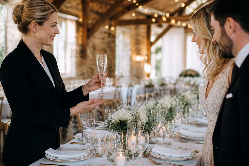 Professional demonstrating custom logo glassware for wedding venues in an elegant wedding reception setting with custom-etched champagne flutes and wine glasses arranged by place settings, showing personalised logos catching light on white tablecloth