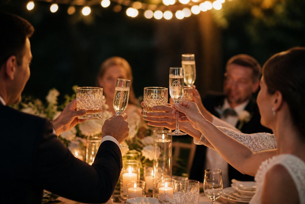Wedding guests toasting with custom-etched champagne flutes and branded tumblers at a reception, with personalised logos visible on the glasses catching candlelight, creating an elegant moment of celebration
