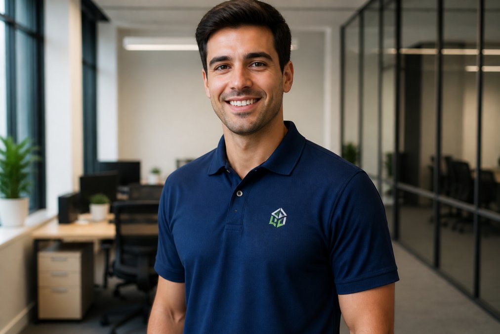 Professional employee wearing a well-fitted polo shirt with a neatly embroidered company logo on the left chest, showing precise placement and clean stitching detail in natural office lighting
