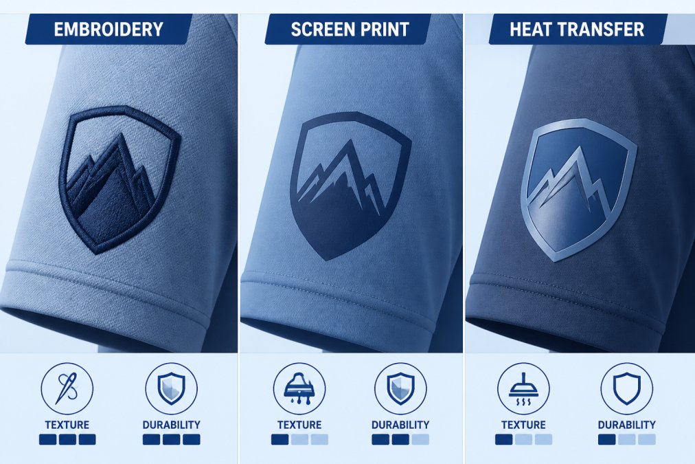Close-up detail of three uniform sleeves displayed side by side, showing an embroidered logo on one sleeve, a screen-printed logo on another, and a heat-transfer logo on the third, with natural lighting highlighting the different texture and finish of each decoration method