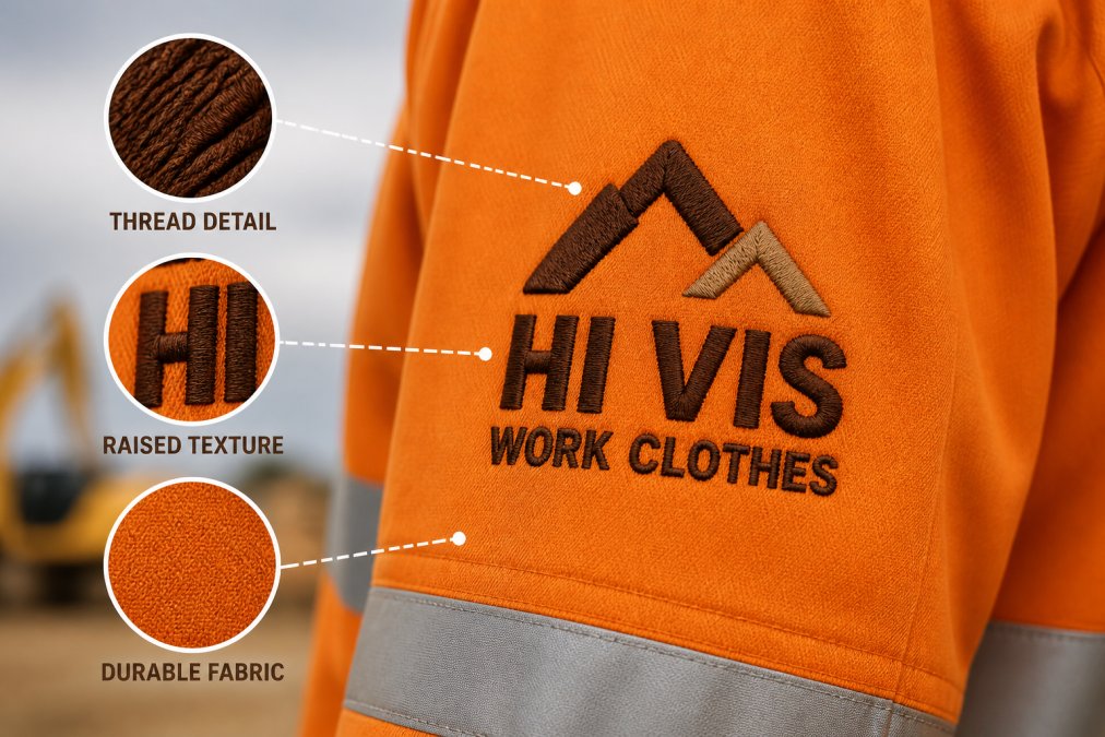 Close-up of a work shirt sleeve showing embroidered logo with visible thread detail, precise stitching, and raised texture against orange high-visibility fabric in natural daylight
