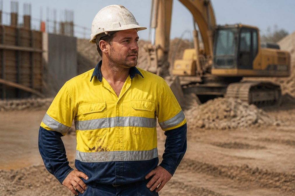 Construction worker wearing high-visibility work shirt with reflective tape and printed logo, standing on active job site with heavy equipment in background, natural outdoor lighting