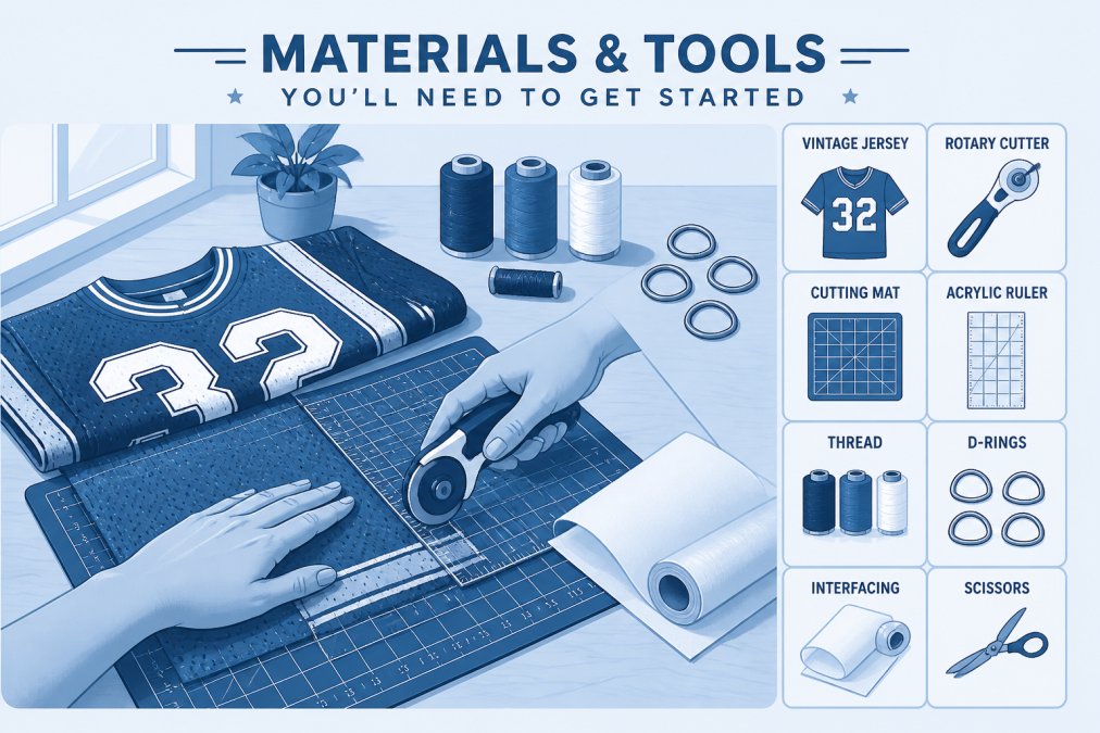 Hands cutting vintage jersey fabric with rotary cutter on a cutting mat, surrounded by thread spools, D-rings, and interfacing materials on a wooden work table with natural window lighting