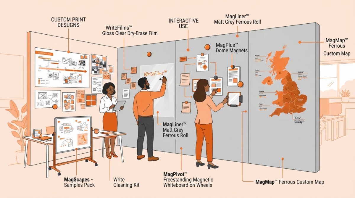 Modern office space with a diverse team collaborating around a magnetic wall covered with custom printed designs, sticky notes, printed project timelines, and hand-written diagrams, showing real interactive use in an open-plan workspace with natural light