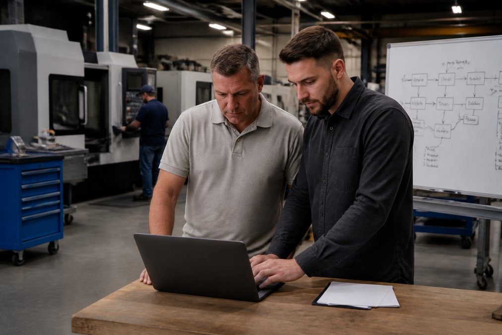 A manufacturing operations manager and a software engineer reviewing a laptop screen on a shop floor, with CNC machines and a whiteboard covered in workflow notes in the background, under bright industrial lighting