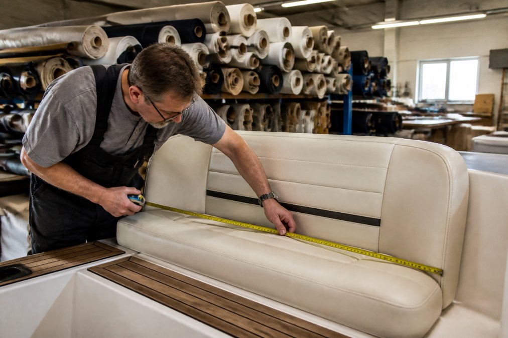 Marine upholsterer measuring a boat bench seat in a workshop with rolls of vinyl in the background