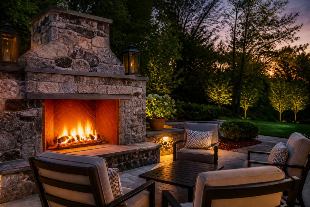 A luxury outdoor stone fireplace with stacked natural stone masonry, warm amber lighting from the fire, comfortable seating area with cushioned chairs arranged nearby, and manicured landscape visible in soft evening light