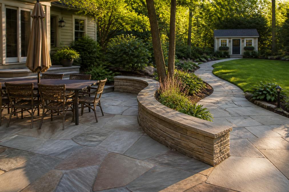 A finished backyard patio in a wooded suburban setting, showing a flagstone surface, a low stone retaining wall edging a planting bed, and a curved walkway connecting the patio to a lawn, photographed in late afternoon light with no people visible