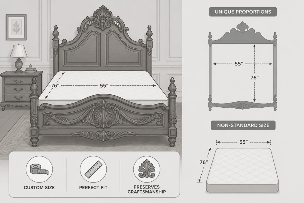 An ornate antique wooden bed frame with detailed carved headboard and footboard in a traditional bedroom setting, showing the unique proportions and craftsmanship that require custom mattress sizing