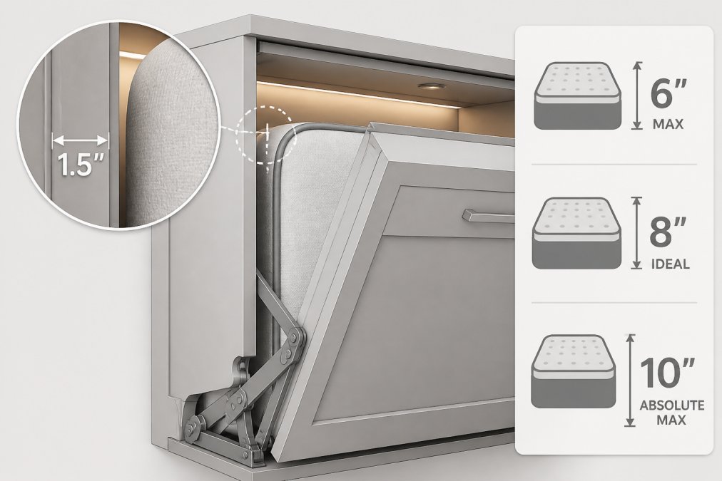 Close-up of a wall bed cabinet partially open, showing the folding mechanism and a thin-profile mattress fitted snugly inside the cabinet frame, with warm interior lighting highlighting the tight clearance between the mattress edge and the cabinet door