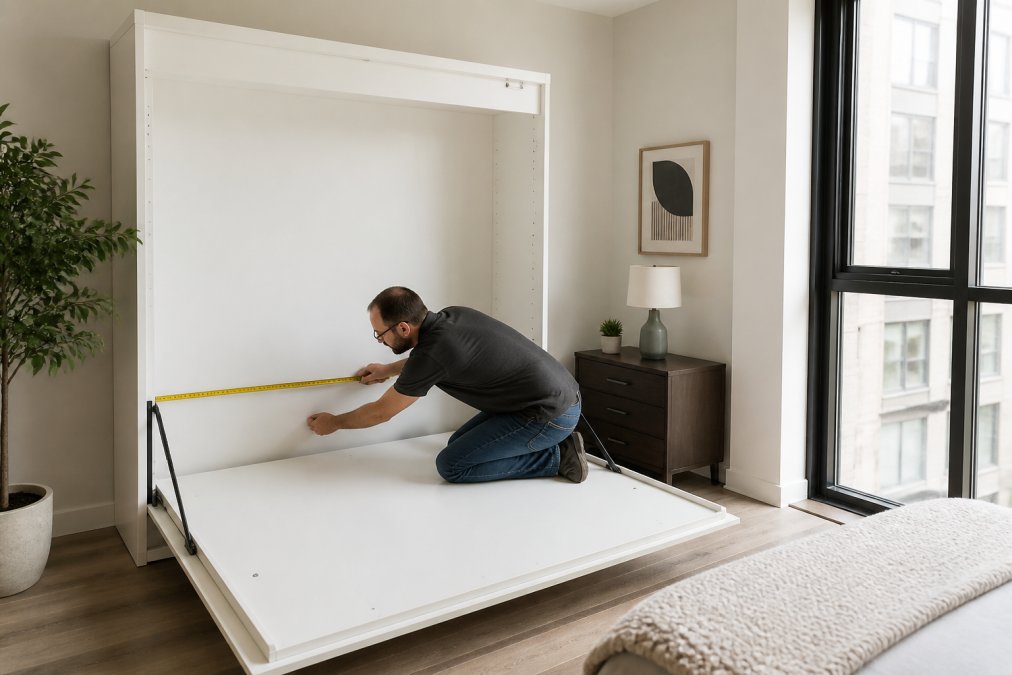 Person using a measuring tape to measure the interior dimensions of an open murphy bed frame in a bright, modern small apartment bedroom, with natural window light and the cabinet door fully lowered to show the sleeping platform