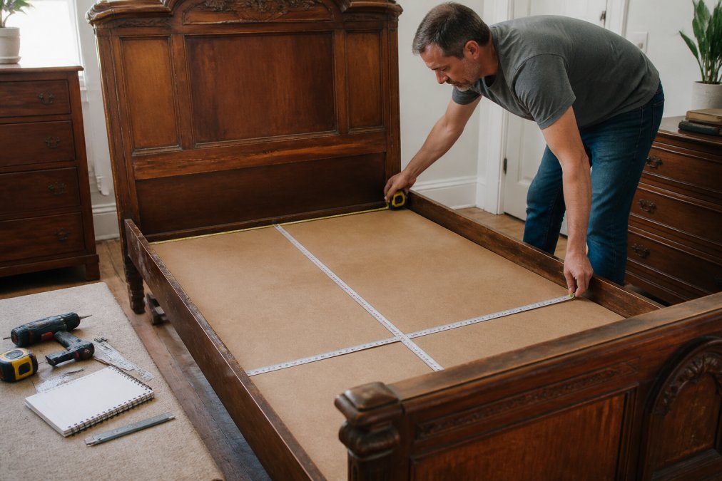 Person carefully measuring a bed frame with a metal tape measure, marking width and length dimensions on the sleeping surface of an an antique wooden bed