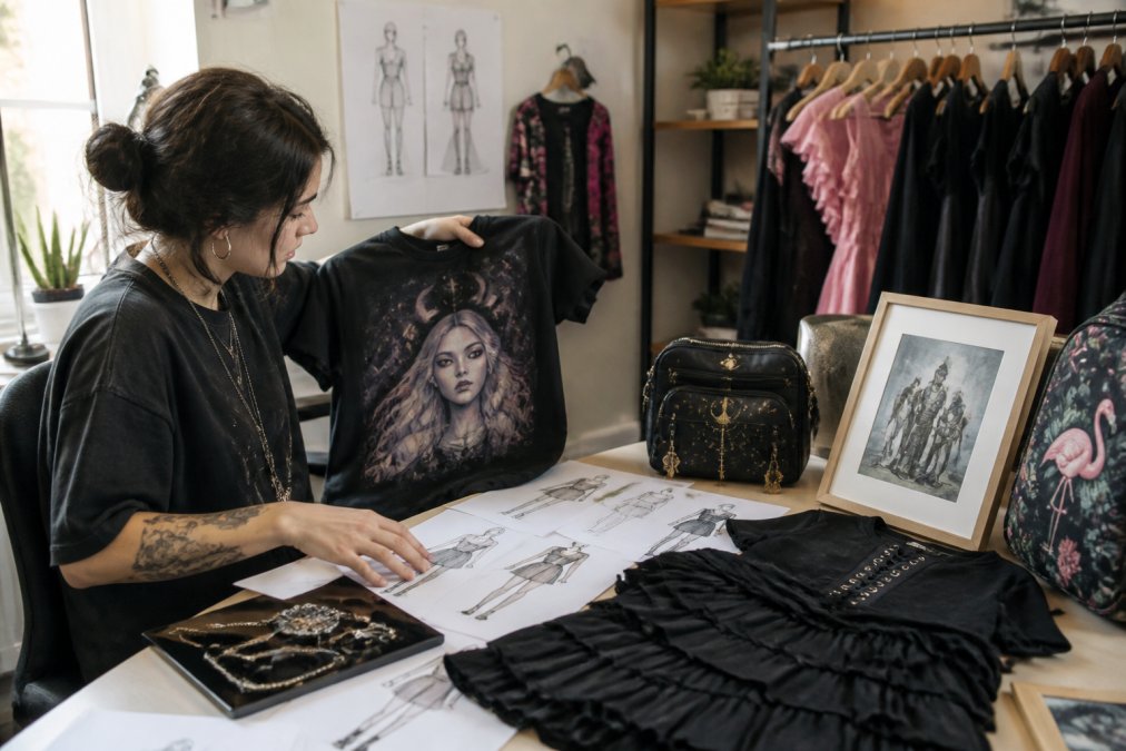 Content creator at a desk reviewing custom merchandise mockups and design options on a computer screen, with branded apparel samples and design sketches visible nearby in natural studio lighting