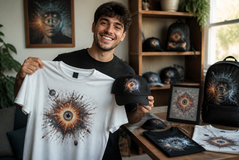 Vlogger holding a custom-designed t-shirt and cap featuring their personal brand and catchphrase, displayed in a bright home studio setting with natural window lighting and merchandise samples on shelves